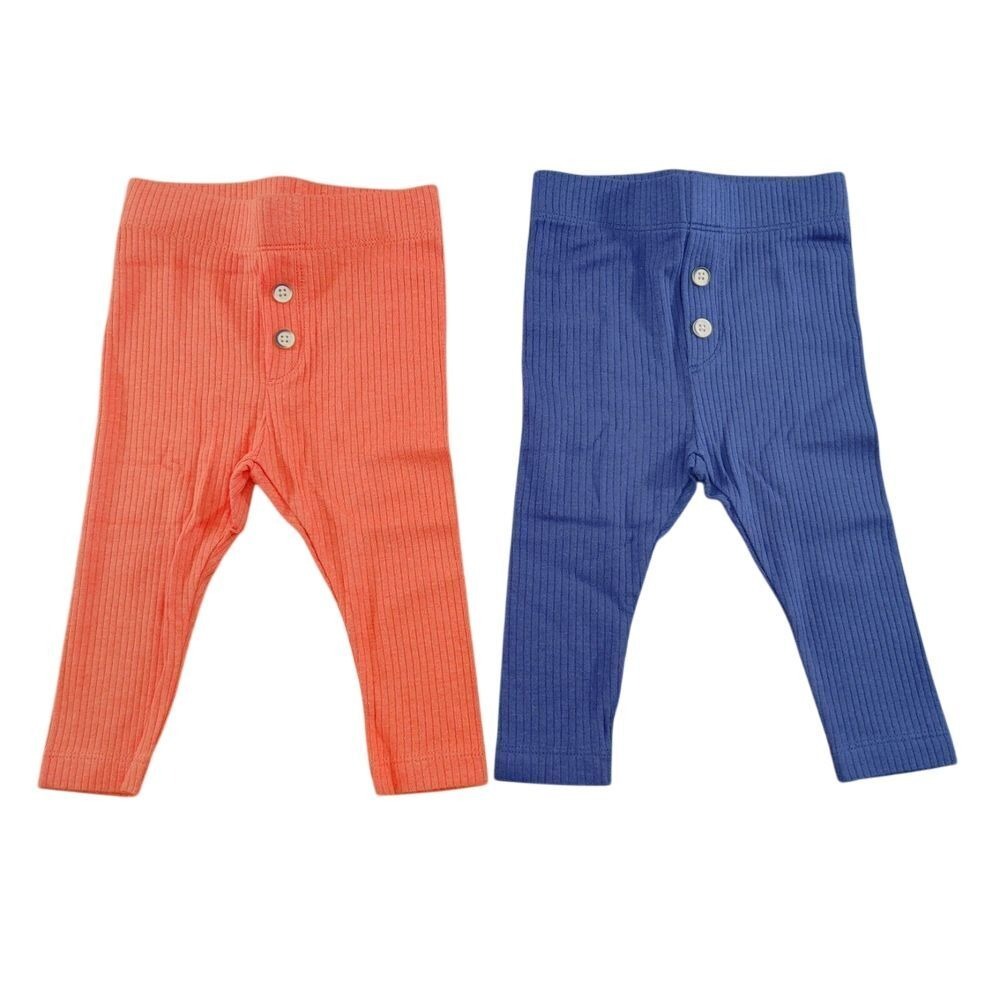Ribbed Cotton Leggings with Buttons Set of 2 Size 3-6M Navy Blue & Coral Orange